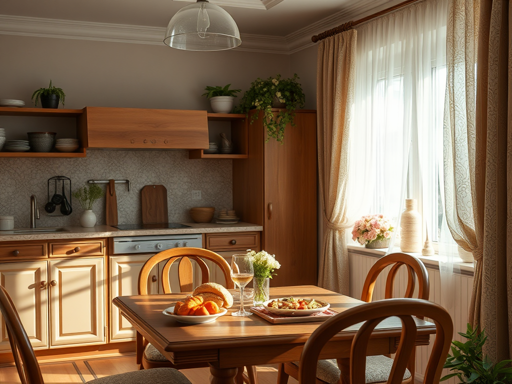 Светлая кухня с деревянной мебелью, стол, сервированный фруктами и закусками, уютные растения у окна.