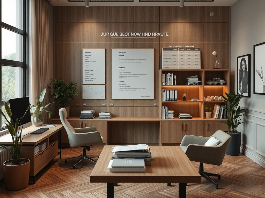 Современный офис с деревянными стенами, столом, креслом и декоративными растениями. Стены украшены документами.