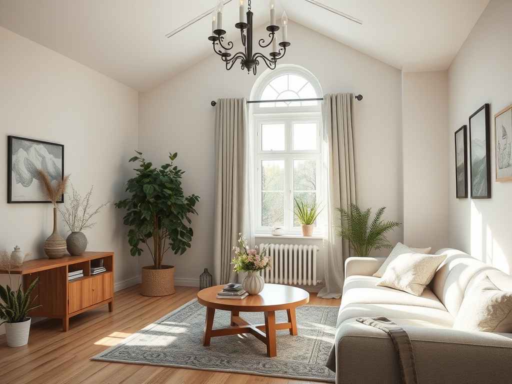 Светлая гостиная с современным интерьером, зелеными растениями и уютной мебелью.