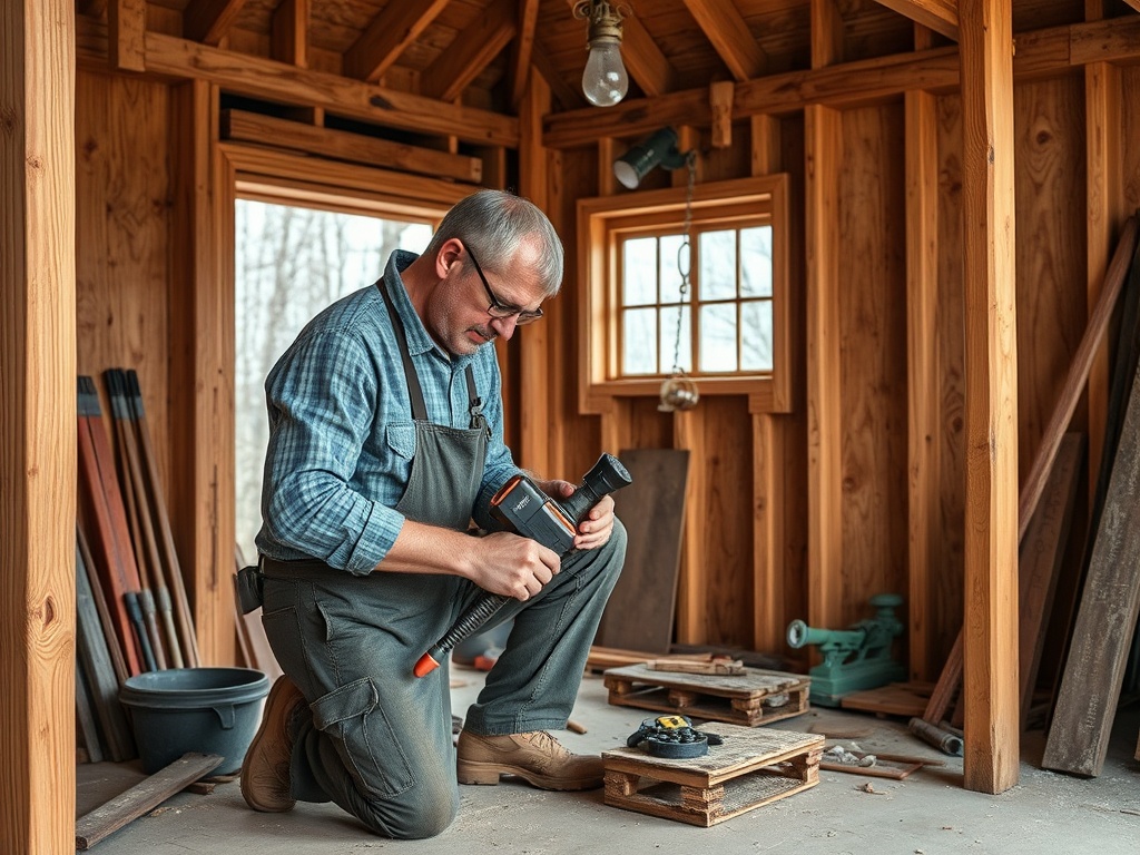 Мужчина в мастерской работает с инструментом, окружённый деревянными стенами и стройматериалами.