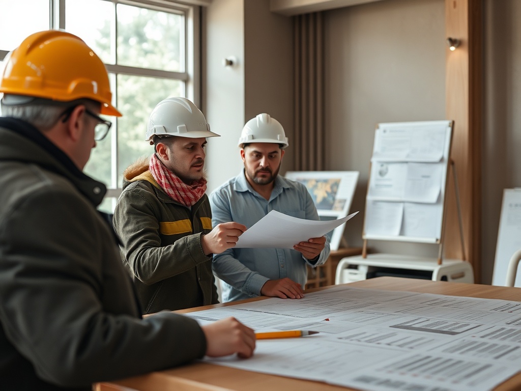 Трое строителей обсуждают проектные документы за столом в помещении с большими окнами.