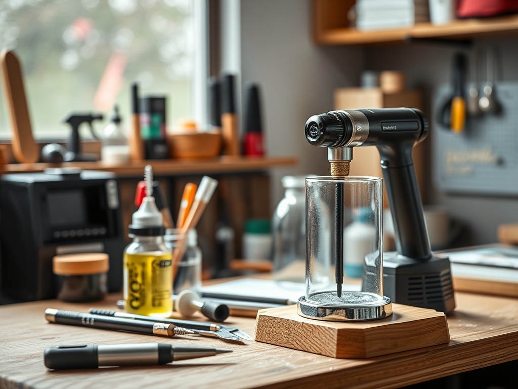 На столе размещены инструменты: газовая горелка, стеклянный сосуд и различные канцелярские принадлежности.