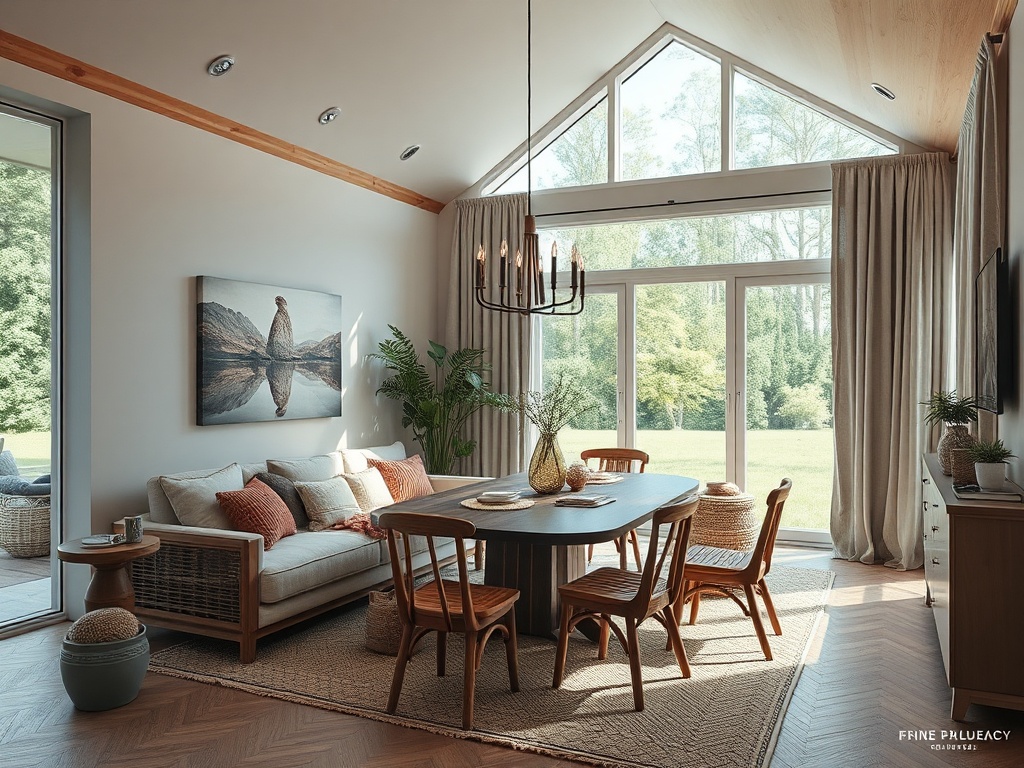 Уютная светлая комната с окном, большим столом и диваном, украшенная растениями и картинами.