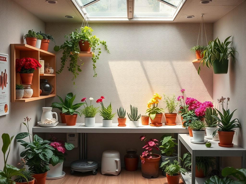 Ярко освещенное помещение с растениями в горшках на столах и стенах. Зеленые и цветные растения создают уют.