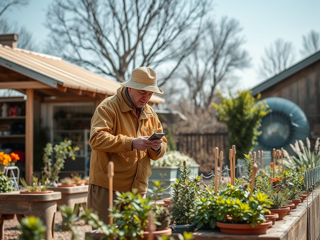 Мужчина в шляпе работает в саду, смотрит на телефон рядом с растениями в горшках. Весна, ясная погода.