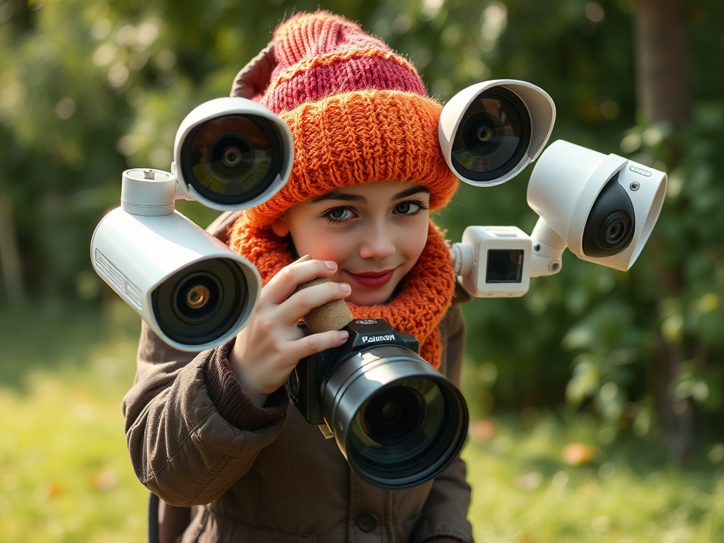 Мальчик в яркой шапке с несколькими камерами, держащий одну из них в руках на фоне зелёного парка.