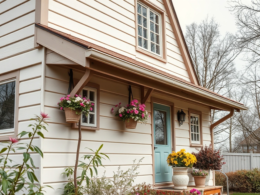 Дом с уютным входом, украшенным цветами в горшках, и нежными растениями вокруг. Настроение уюта и теплоты.