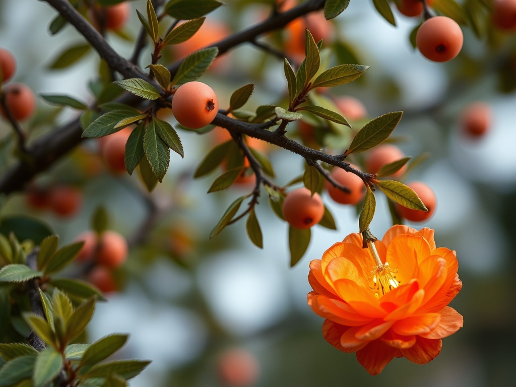 Цветок ярко-оранжевого цвета на ветке с плодами и зелеными листьями. Солнечный и живописный пейзаж.