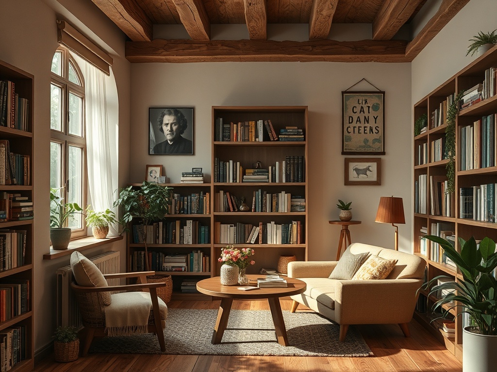 Уютная библиотека с книжными полками, мягкой мебелью и зелеными растениями. Солнечный свет наполняет комнату.