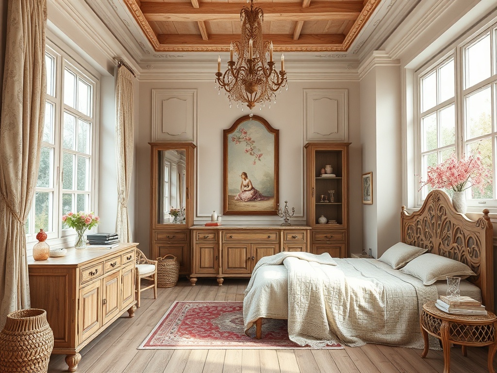 Светлая спальня с деревянной мебелью, большим зеркалом и красивой люстрой. Уютная атмосфера и изысканный декор.