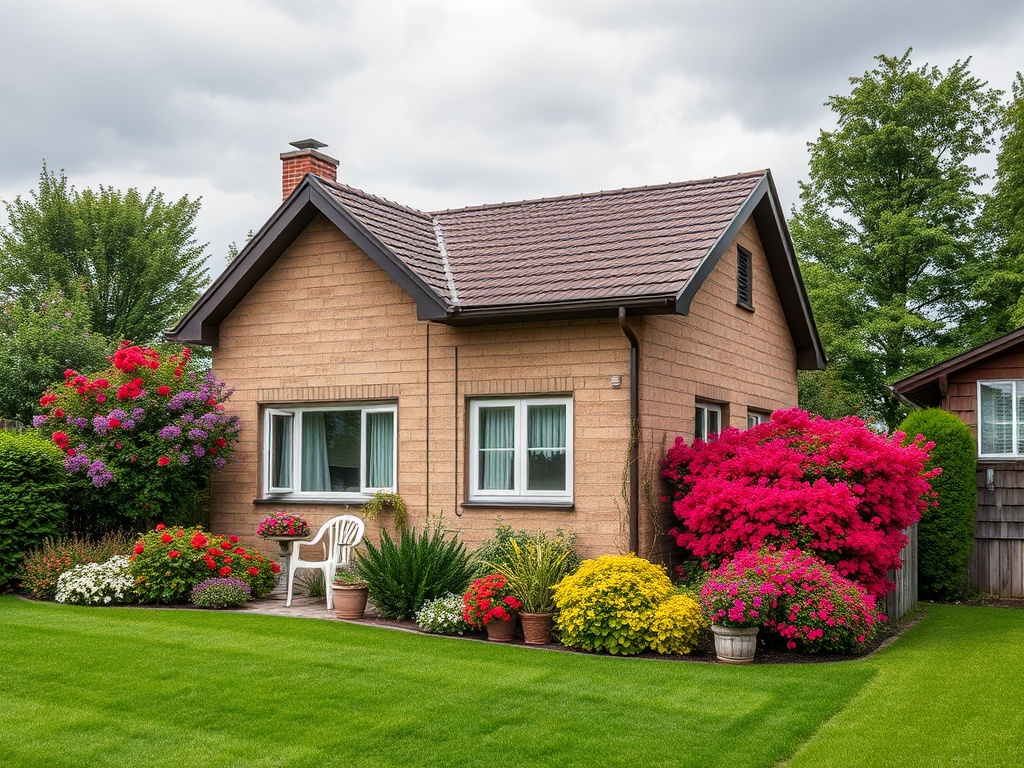 Небольшой дом с цветочным садом и ухоженной травой на фоне облачного неба.