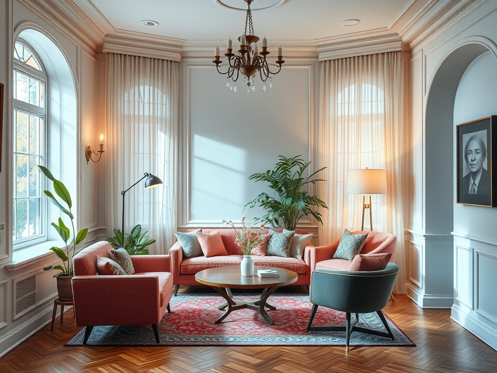 Современная гостиная с уютной мебелью, растениями и большим окном, светящимся в теплых тонах.