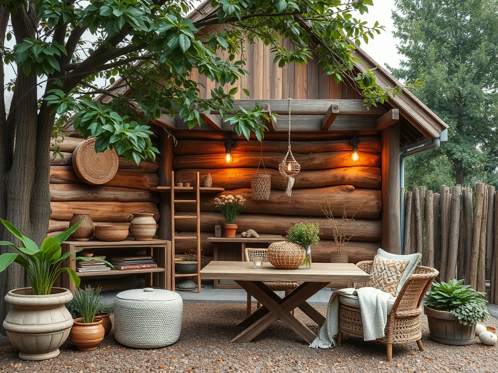 Уютное крыльцо с деревянной мебелью, растениями и светильниками на фоне бревенчатой стены.