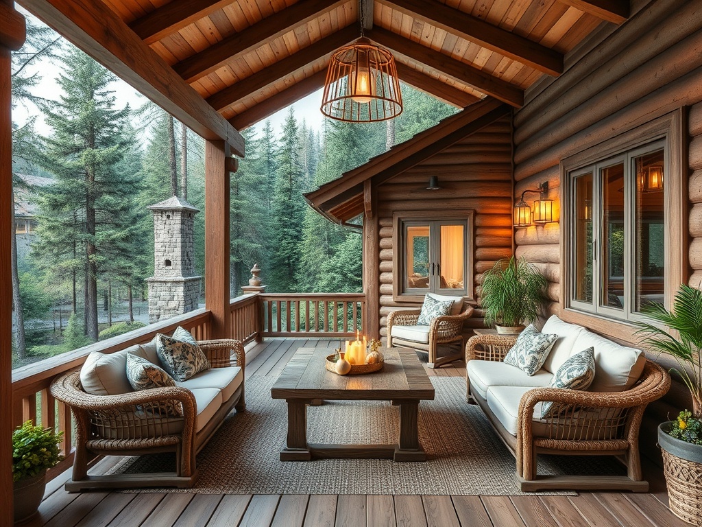 Уютная терраса с плетеными креслами, столом и свечами на фоне леса и деревенского дома.