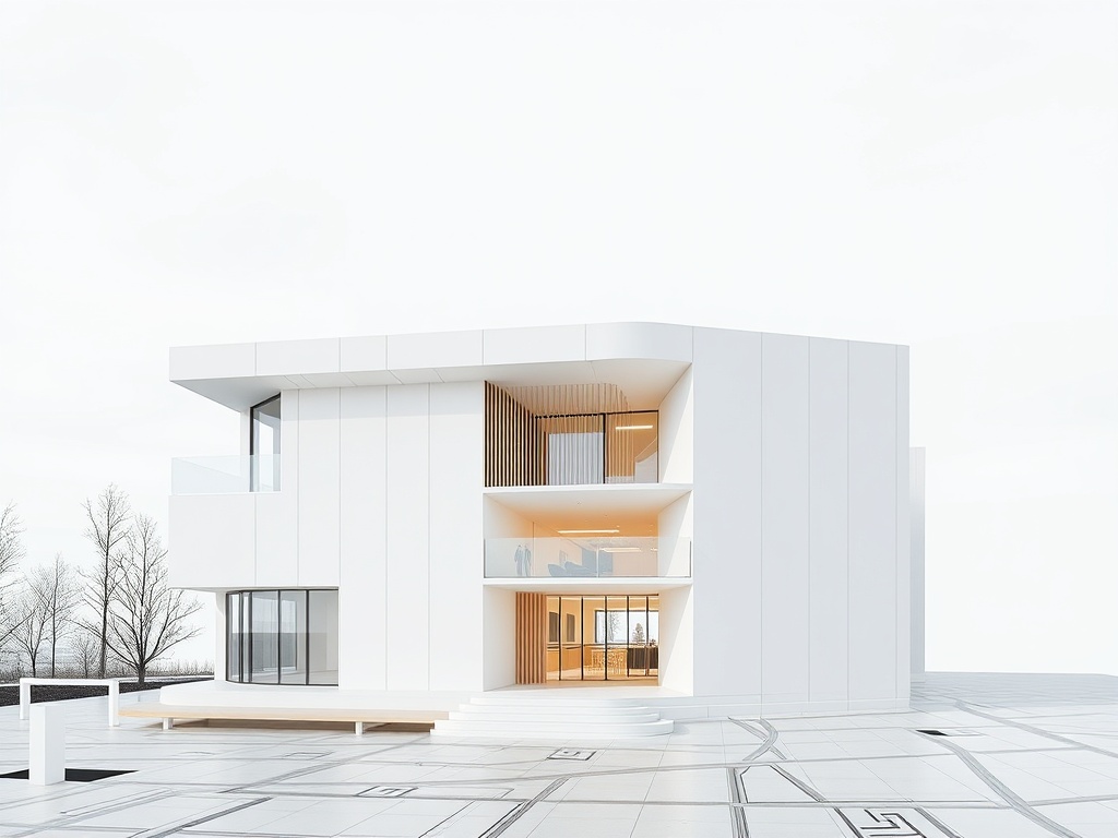 Современный дом с белым фасадом и большими окнами на фоне светлого неба и деревьев.