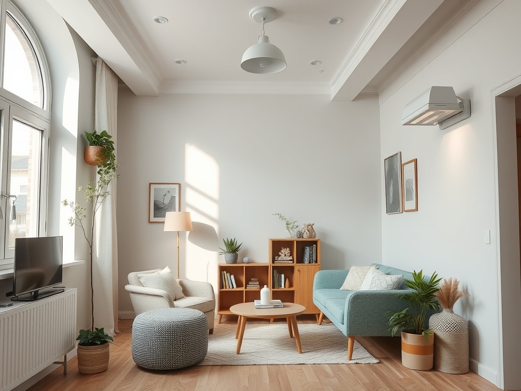 Современная гостиная с большим окном, уютной мебелью и зелеными растениями на светлом фоне.