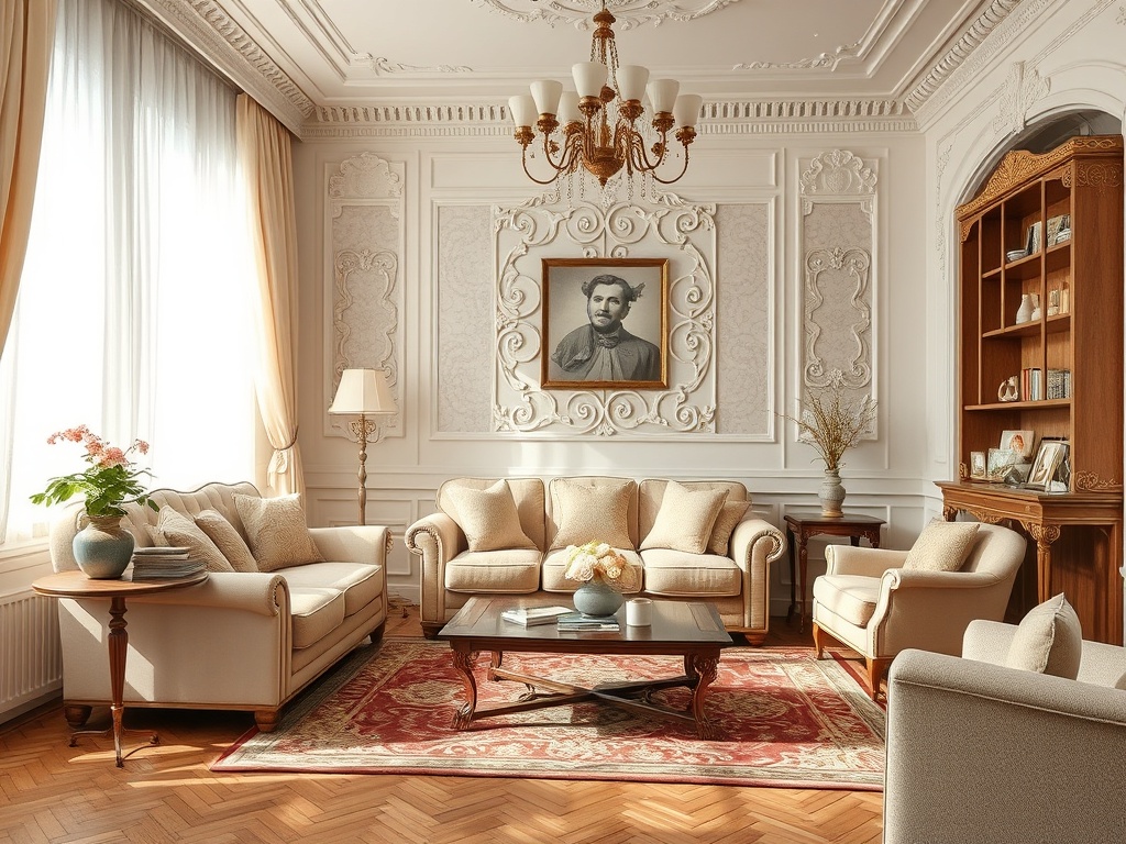 В комнате с элегантным интерьером стоят светлые диваны, стол и полка с книгами, на стене висит портрет.