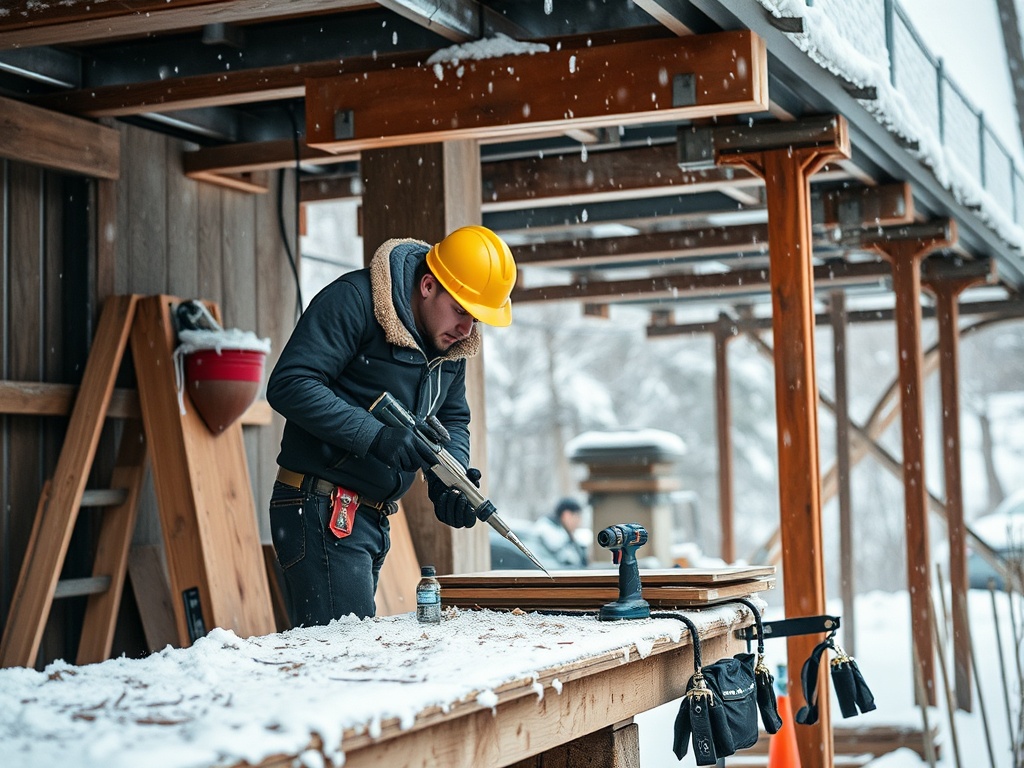Рабочий в желтой каске выполняет задачи на строительной площадке, покрытой снегом.
