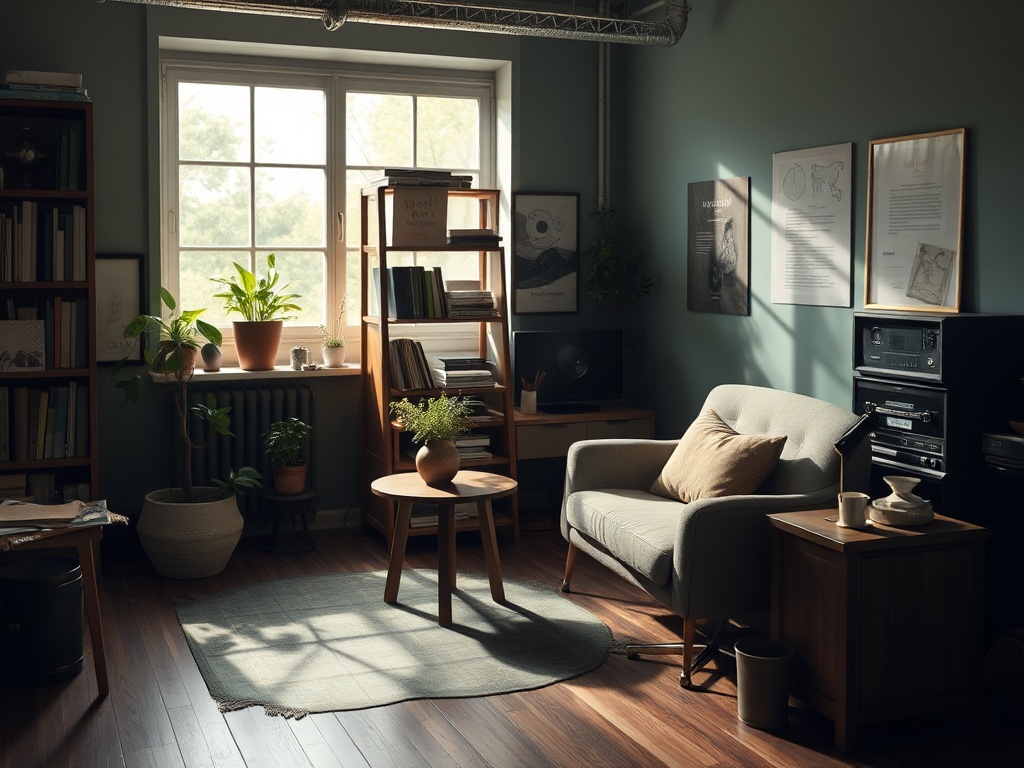 Уютный уголок комнаты с книгами, растениями и мягким креслом, наполненный солнечным светом.
