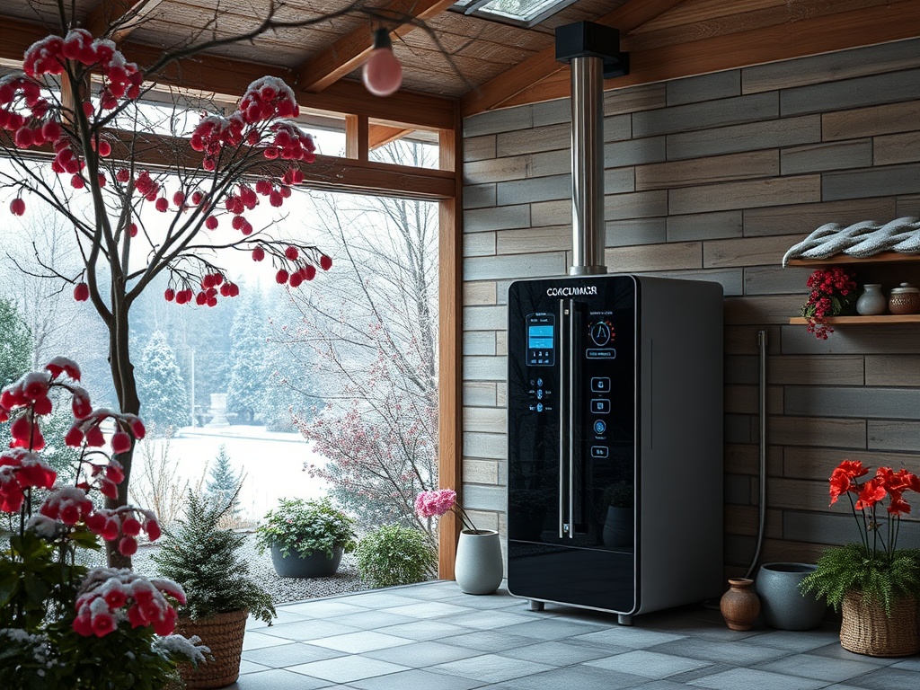 Современный холодильник в уютном помещении с зимним пейзажем и декоративными растениями.