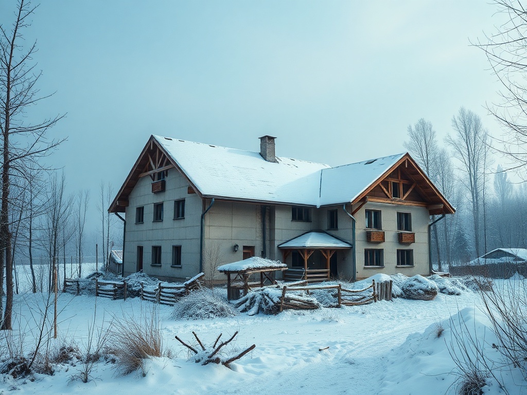 Зимний пейзаж с домом, покрытым снегом, окружённым деревьями и полем. Тишина и спокойствие.