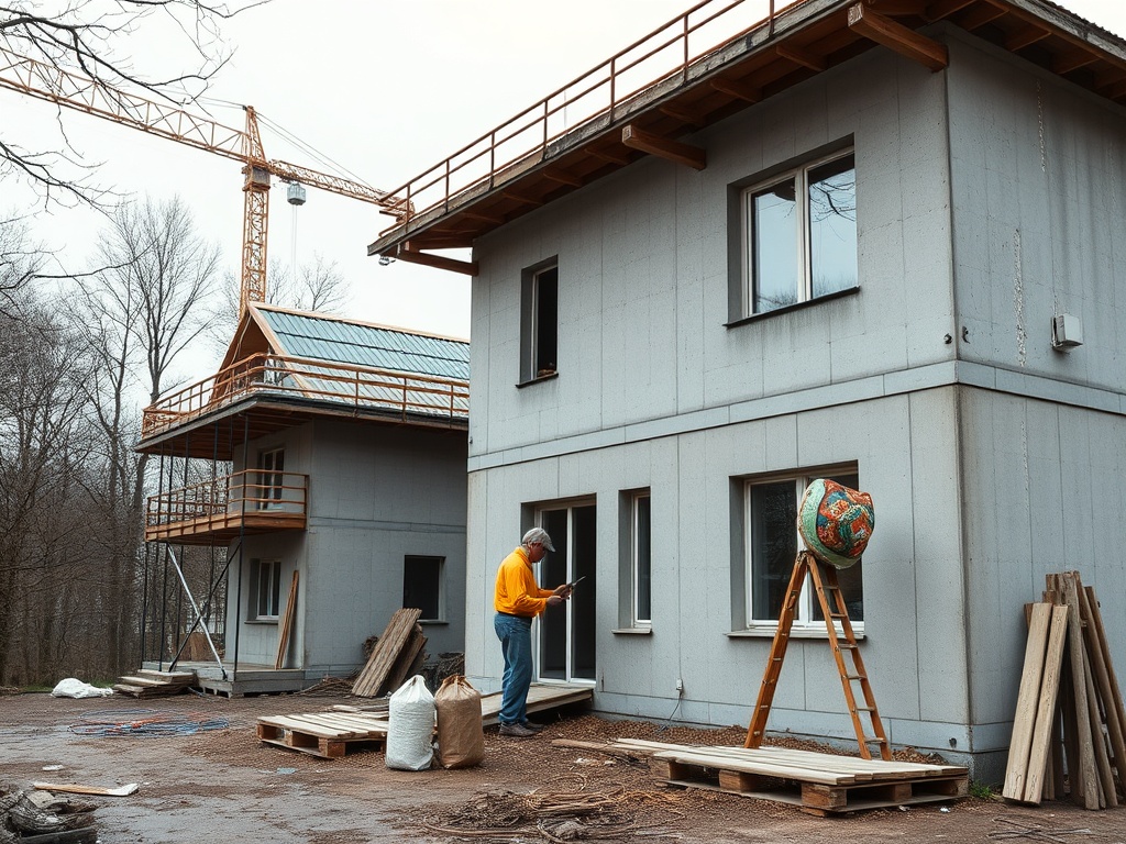 Строящиеся дома на участке, рабочий с планшетом, строительные материалы и леса вокруг.