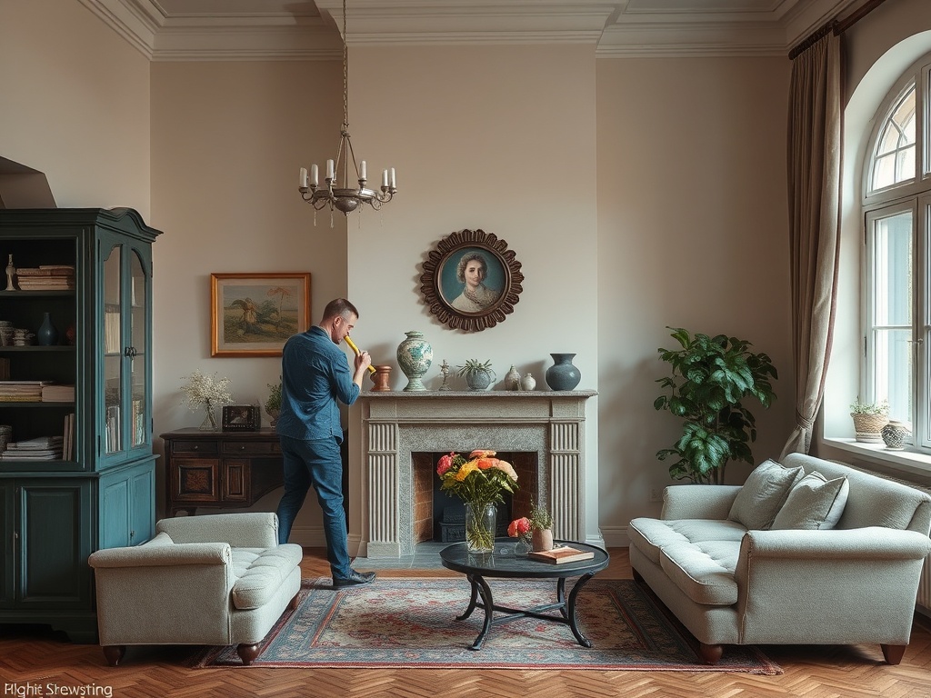 В уютной комнате мужчина с желтым объектом, рядом цветы и зеленое растение, на стене — портрет женщины.