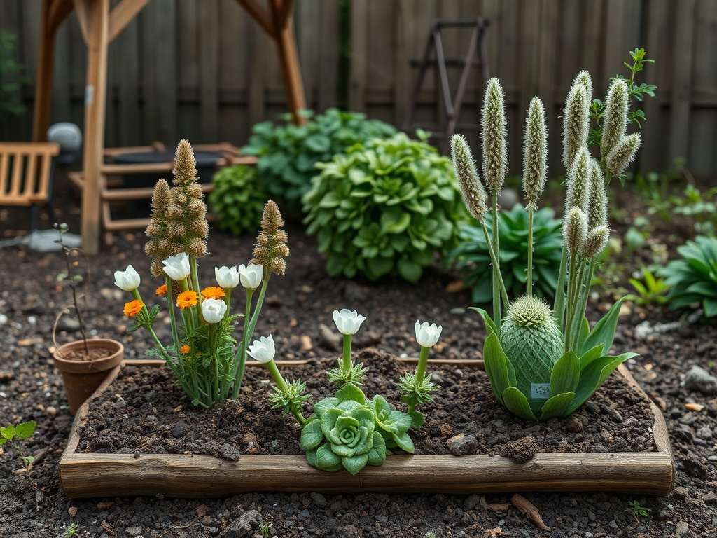 На изображении цветы и суккуленты в ухоженном саду с деревянной рамкой и прогулочной зоной на заднем плане.